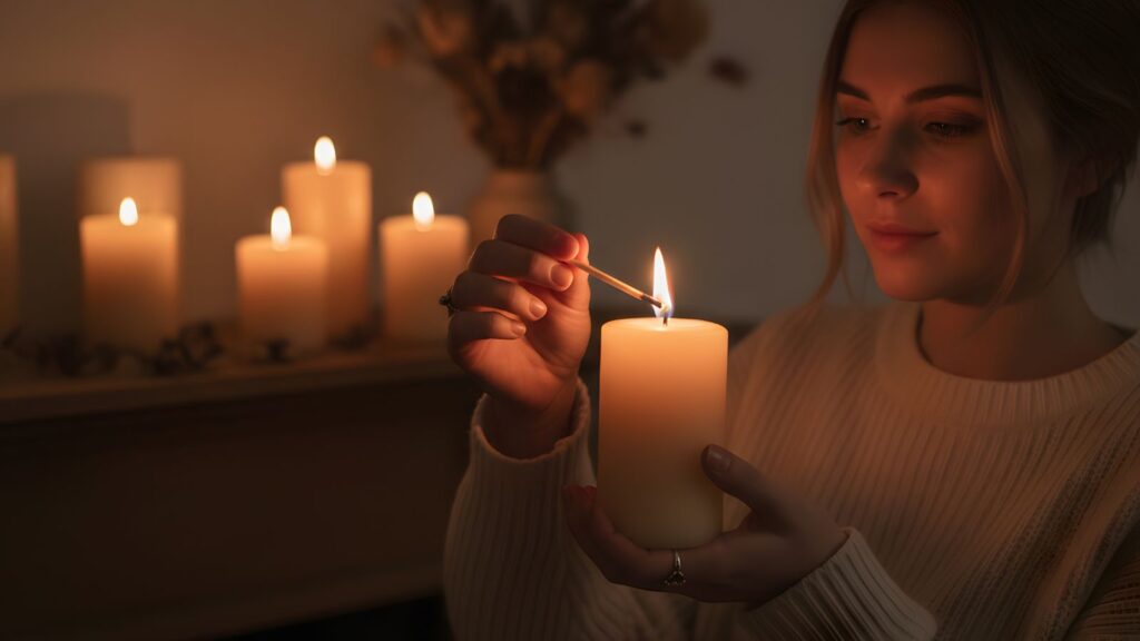 Kobieta zapala świecę aby się zrelaksować i odprężyć po ciężkim.