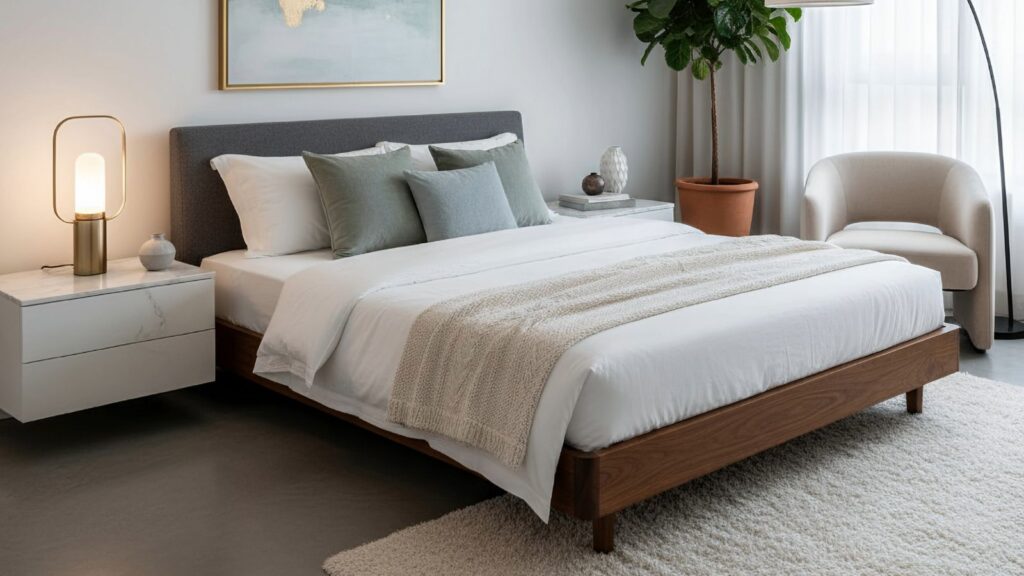 Łóżko dwuosobowe starannie pościelone, koce i poduszki ułożone równo, wrażenie schludności i harmonii wnętrza.