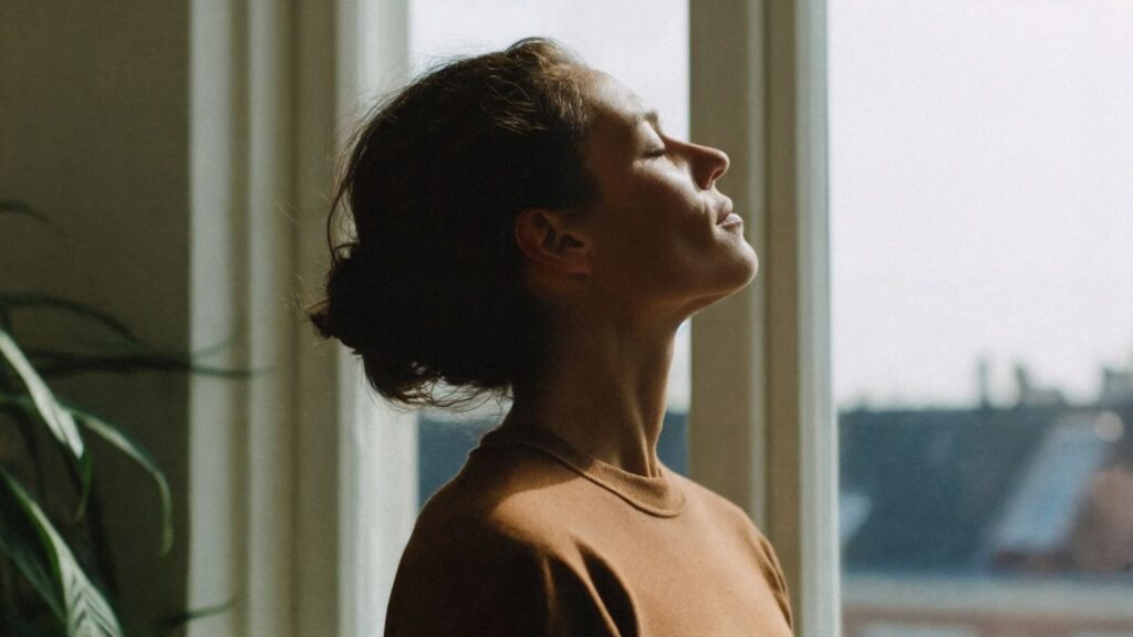 Kobieta ze skierowaną twarzą w stronę okna, zażywa pierwszych promyków słońca.