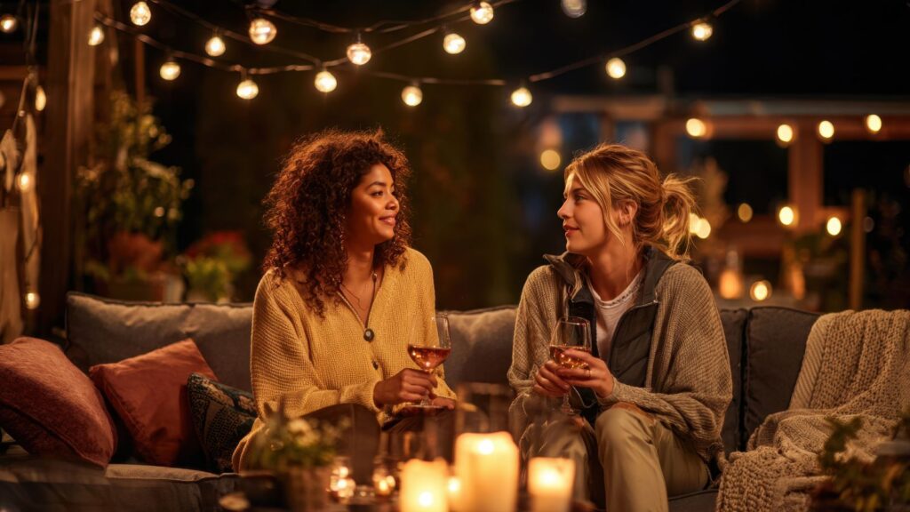 Przyjaciółki spędzają babski wieczór przy świecach i winie.