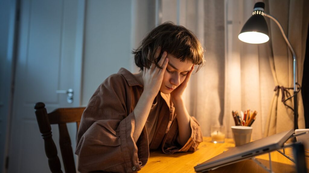 Kobieta kładzie dłonie na głowie, ponieważ jest zmęczona i zestresowana po całym dniu pracy.