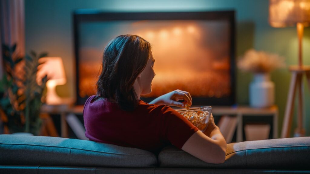 Kobieta siedzi przed telewizorem jedząc popcorn.