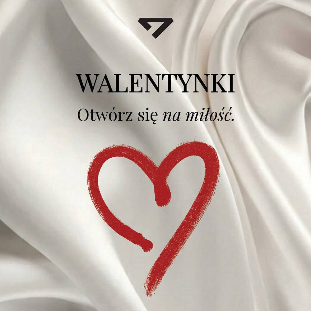 Napis Walentynki otwórz się na miłość, na białej tkaninie z sercem.