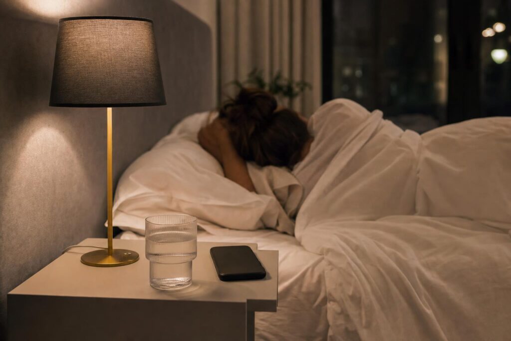 Osoba leży bez snu w łóżku obok lampki nocnej i telefonu na szafce.